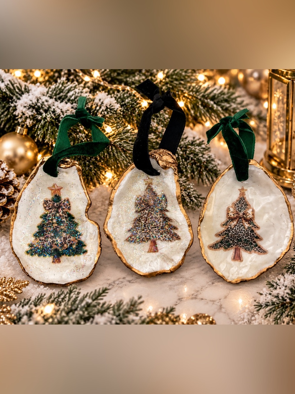 Holiday Tree Oyster Shell Ornament - White and Gold